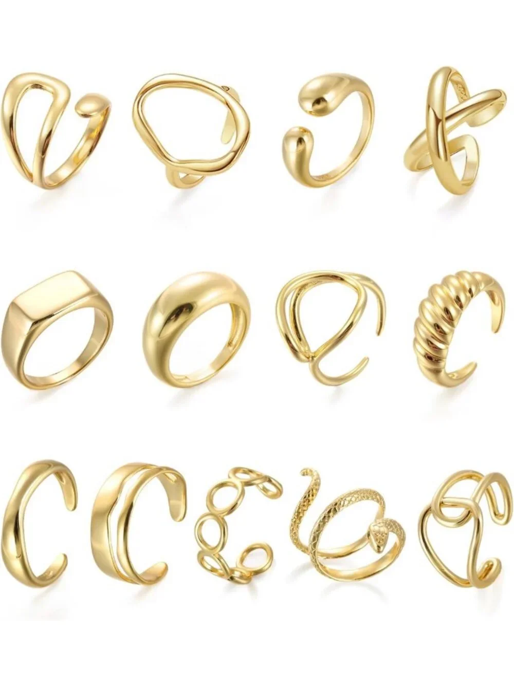10PCS Gold Dome Chunky Statement Rings for Women - Adjustable Braided Signet